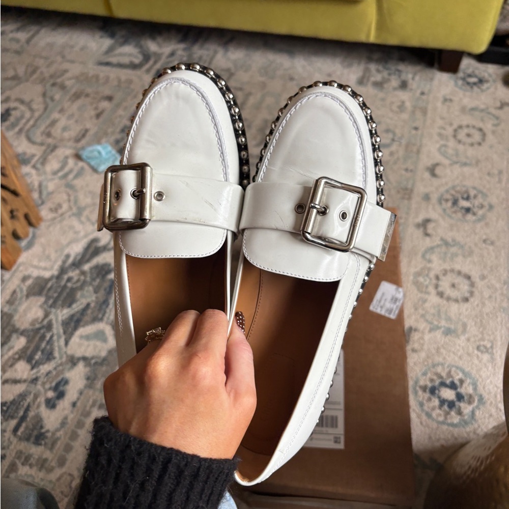 Chloe White Loafers with Silver Buckle and Studded Trim - Picture 7 of 9